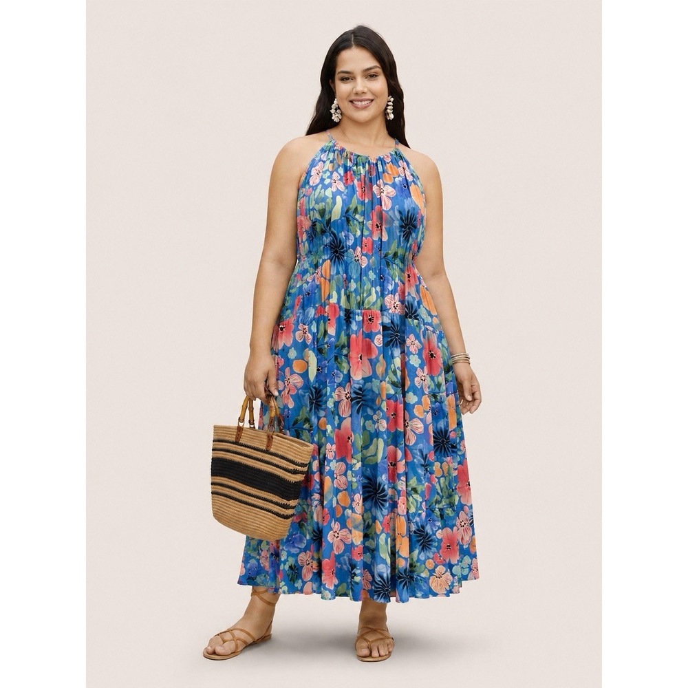 Bloomchic Hawaiian Maxi Dress Womens 26 Blue Floral Sleeveless Gathered Neck